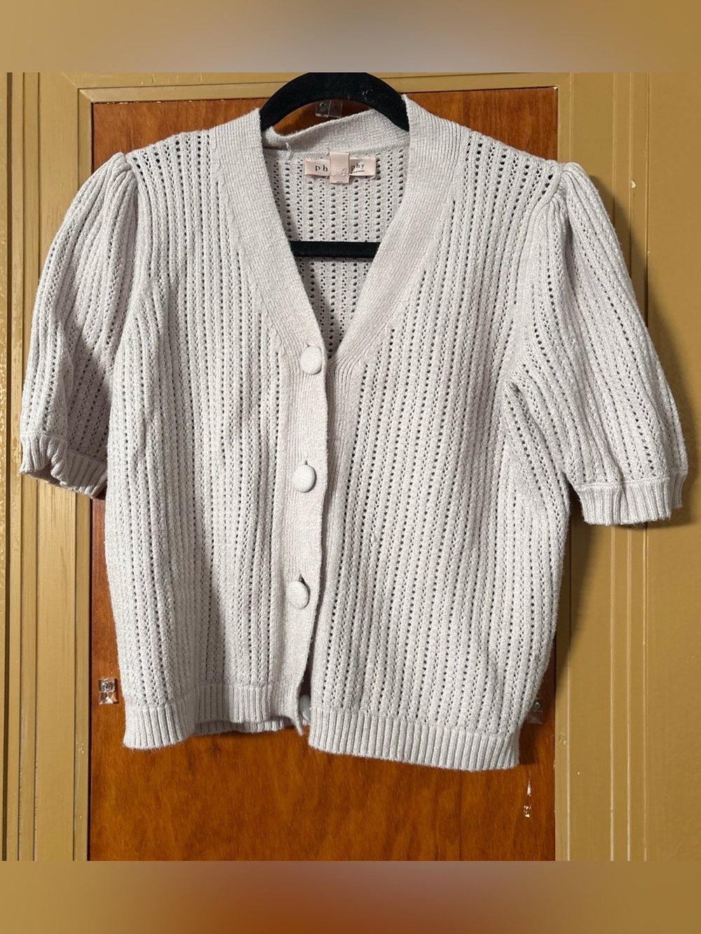 Philosophy Light Gray Puff Sleeve Openwork Knit Cardigan
